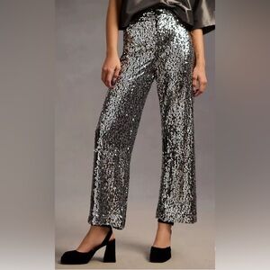 Anthropologie The Colette Cropped Wide-Leg Sequin Pants Silver Cocktail 26 NEW